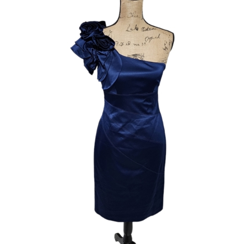 JESSICA SIMPSON $169 NAVY BLUE SATIN ONE SHOULDER COCKTAIL Party DRESS SZ 2 XS